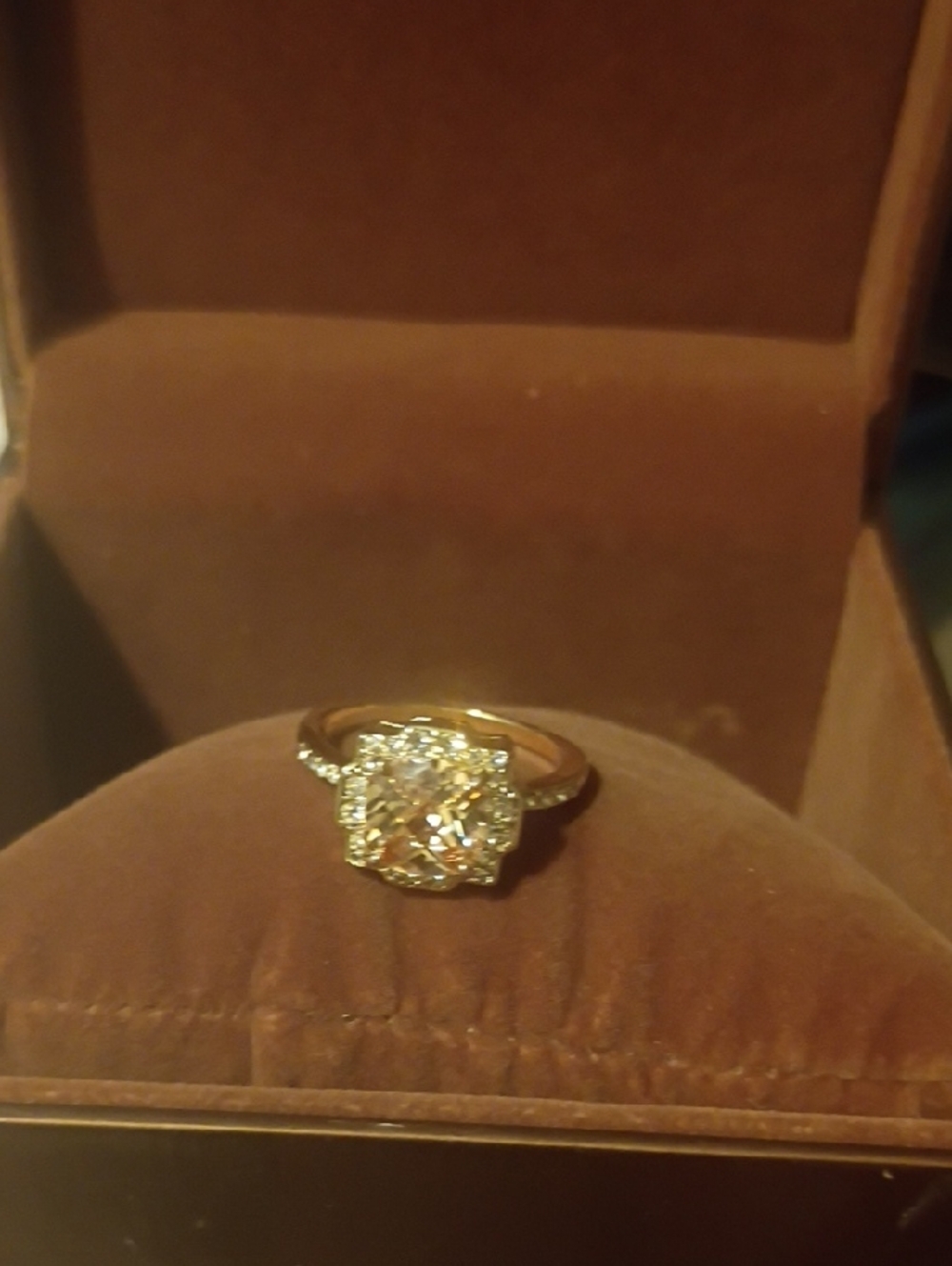 Gold Ring with Champagne-Cut Center Stone and Pavé Shoulders